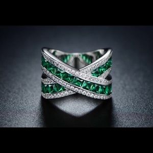 Emerald Quartz and CZ Criss Cross Eternity Band